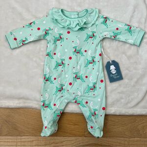 Heyward House Pima Cotton Footie. Mint green with reindeer and polka dots.